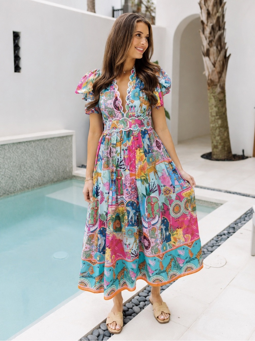 J.Marie Women's Size Large Zodiac Celestial Print Sloane Bow Sleeve Midi Dress
